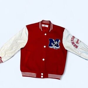 Kids red and white varsity jacket with embroidered logo  3-4T